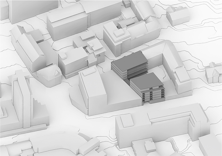 Der geplante Neubau führt das Prinzip der Hofrandbebauung, ausgehend von den bestehenden Liegenschaften auf der Ostseite, fort – dies mit einer fünfgeschossigen Bebauung und zusätzlichem Attikageschoss zur Solothurnstrasse und zur Bettlachstrasse. Der Innenhof schliesst an den bestehenden Hof der Nachbarsparzelle an und wird nach Westen teilweise überbaut.  Bilder: zvg